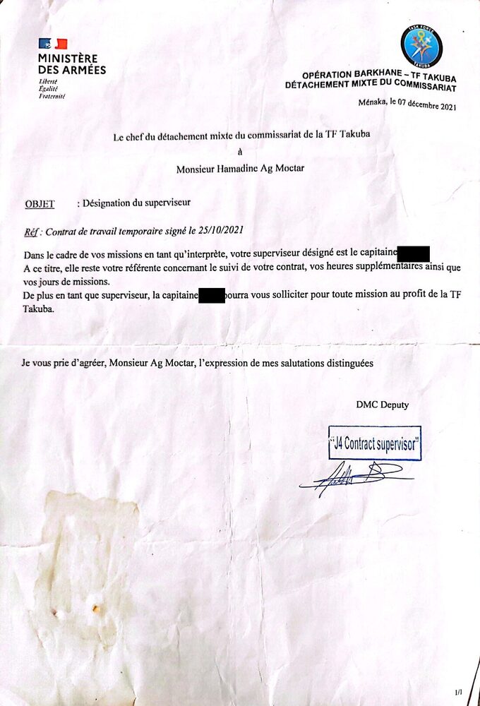 Lettre du Ministère des Armées — Opération Barkhane, Task Force Takuba, Ménaka, 7 décembre 2021.